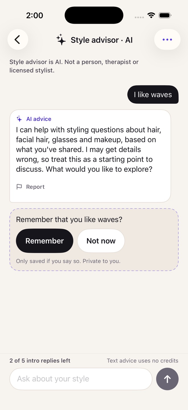 Style advisor chat, clearly labelled AI, answering a question about waves and asking whether to remember the preference
