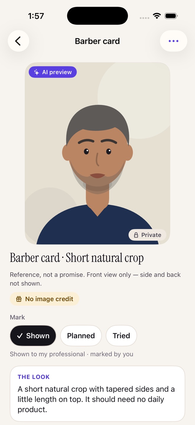 Barber card for a short natural crop with an AI preview, a clear description and a Show my barber control