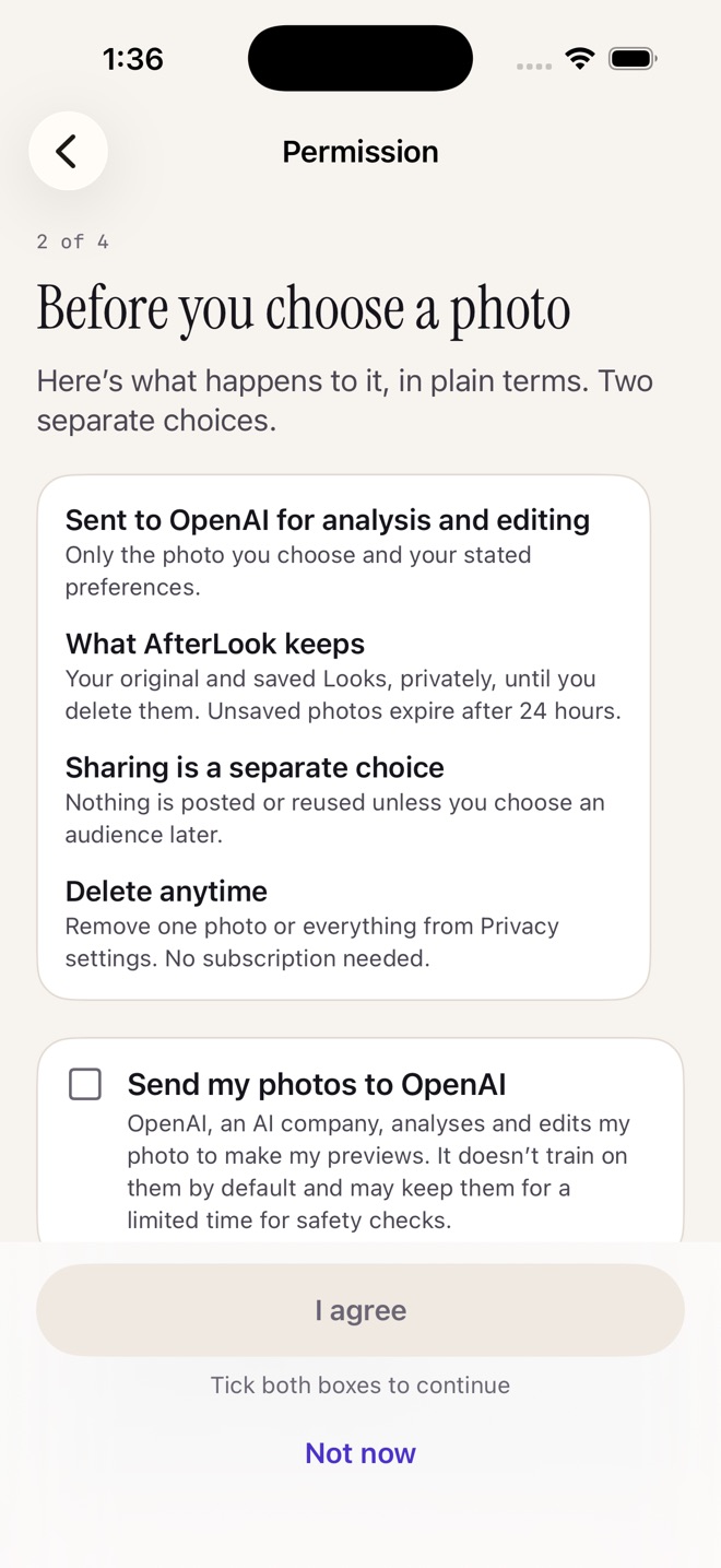AfterLook permission screen explaining that the chosen photo is sent to OpenAI for analysis and editing, what AfterLook keeps, and that sharing is a separate choice