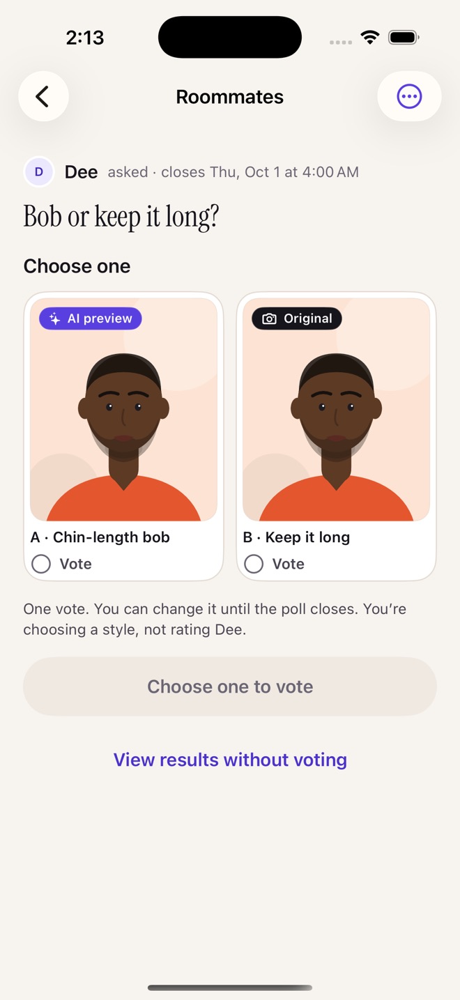 A private Circle poll asking Bob or keep it long, with two AI preview options to vote on