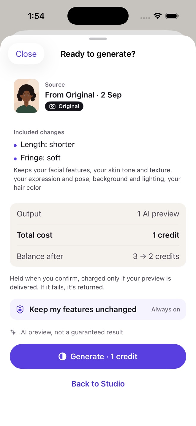 Ready to generate sheet showing the included changes, a total cost of 1 credit and Keep my features unchanged, always on