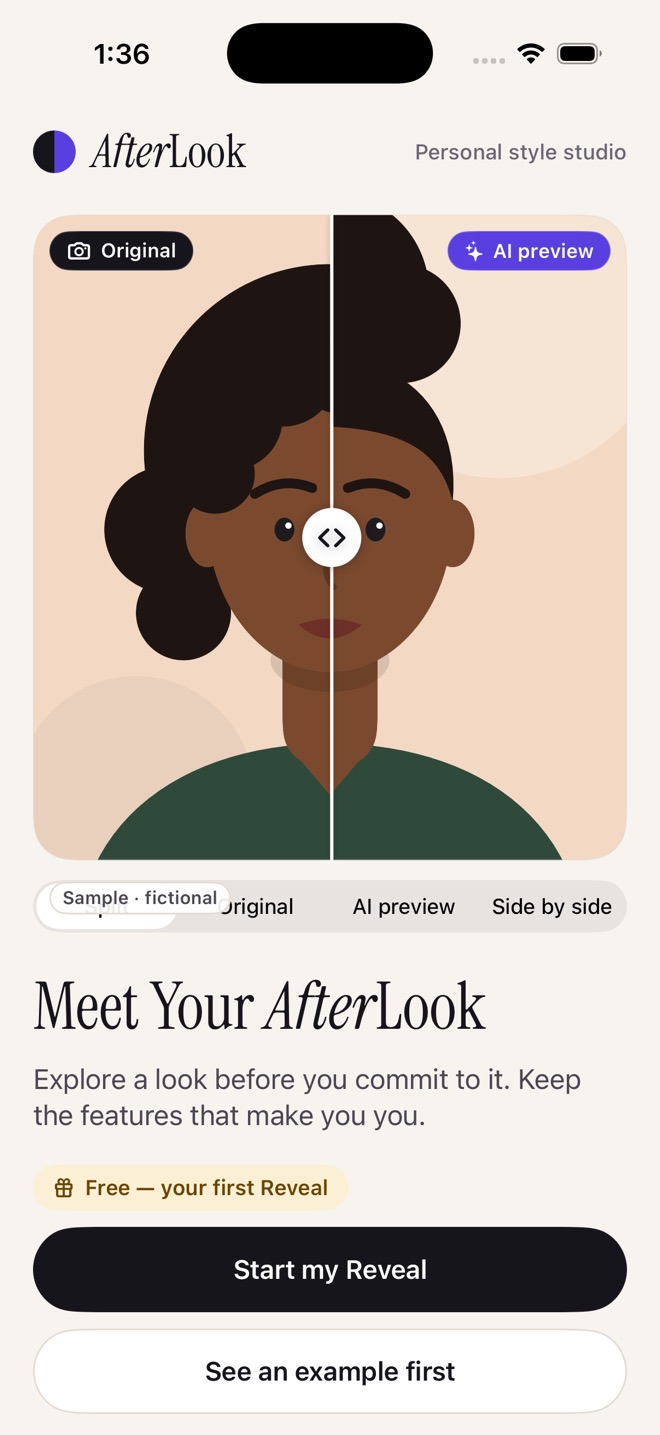 AfterLook welcome screen with a split comparison and the line Meet Your AfterLook